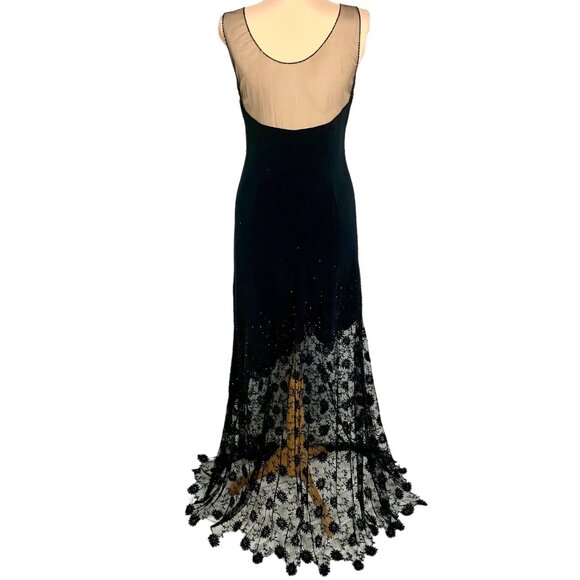 Sheer Illusion Lace Evening Gown Black Beaded Maxi 8 Formal Prom Black Tie - Picture 6 of 12